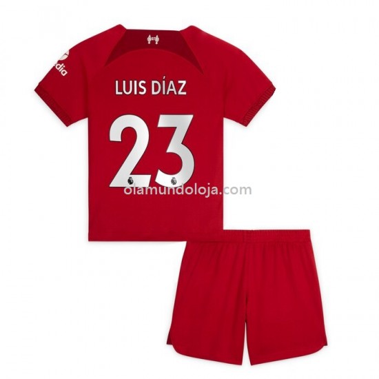Camisola Liverpool Diaz 23 Criança Equipamento Primeiro 2022-2023 Manga Corta